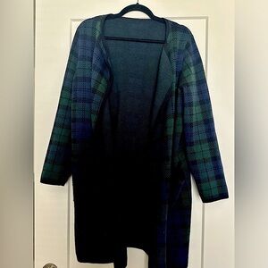 J.Crew, navy and teal cardigan.